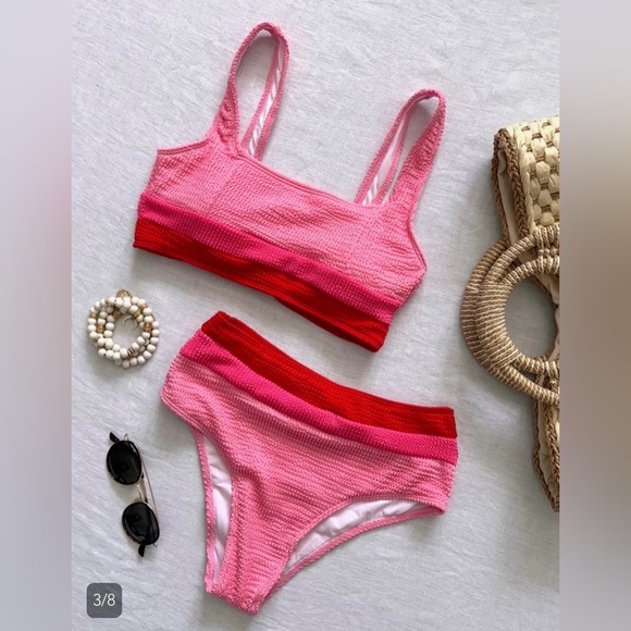 Like new, These three boutique high waist crinkle color block bikini - Picture 1 of 7